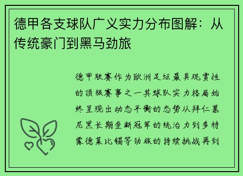 德甲各支球队广义实力分布图解：从传统豪门到黑马劲旅