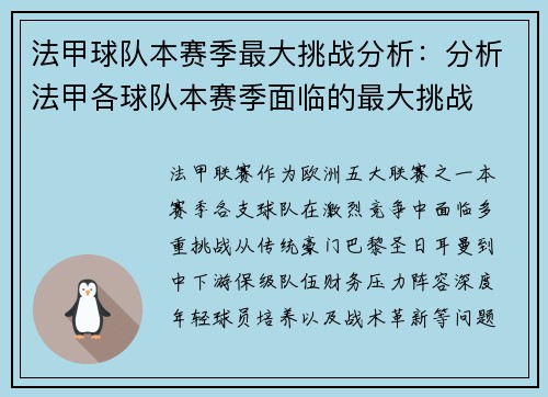 法甲球队本赛季最大挑战分析：分析法甲各球队本赛季面临的最大挑战